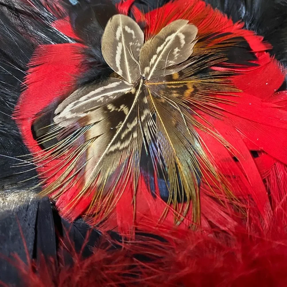 *8A Masquerade mask Red & Black fuzzy Feather Look Party Mask.